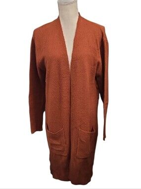 True Craft Rust Open-Front Long Cardigan with Pockets